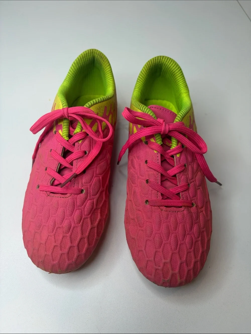 Bright Pink Athletic Cleats Shoes with Neon Yellow Back & Interior Kids size 2